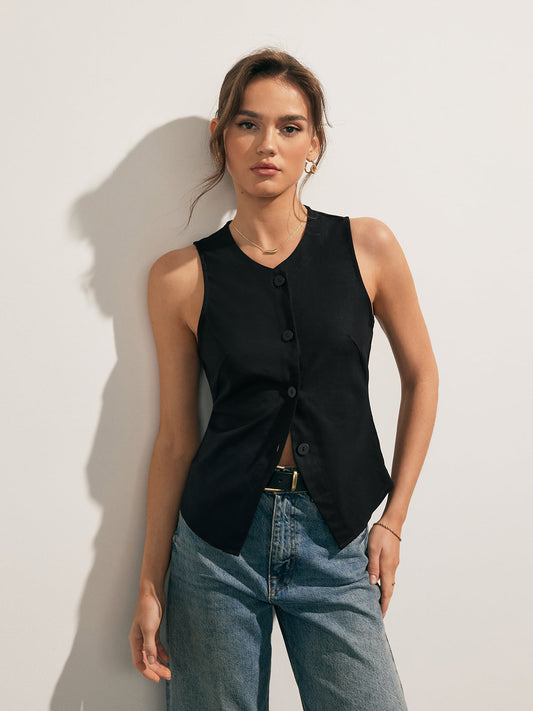 Leinen Mischungen Button Up Tank Top