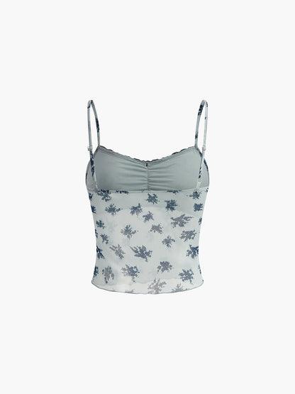 Florales Crop-Top mit Salatbesatz und Spitze