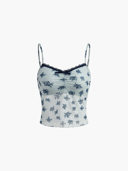 Florales Crop-Top mit Salatbesatz und Spitze