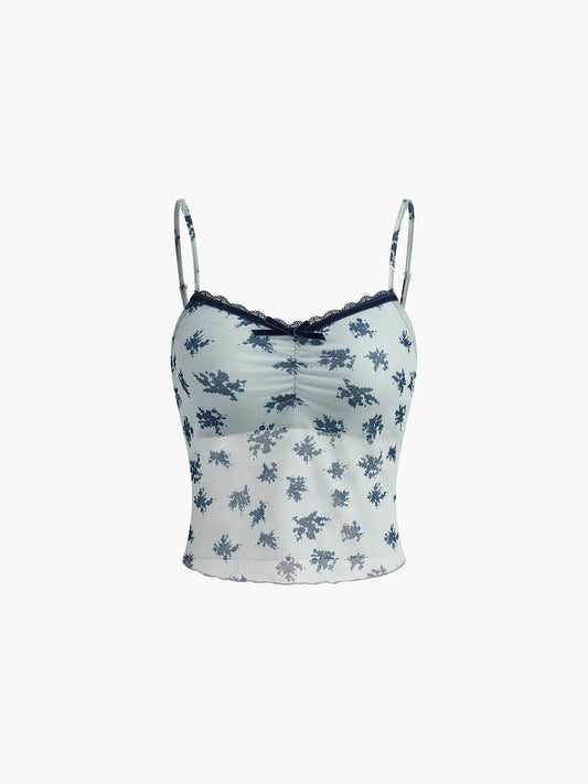 Florales Crop-Top mit Salatbesatz und Spitze