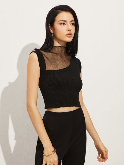 Haute Asymmetrical Mesh Overlay Pullover Westen