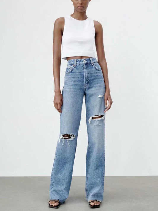 High Waist Jeans mit gebrochenen Löchern